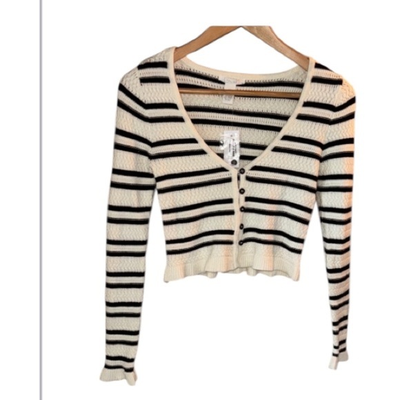 Full Tilt cardigan Black cream Ribbed Crop knit sweater ruffled XS super soft - Picture 2 of 6